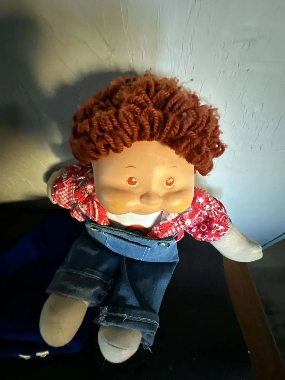 Vintage Cabbage Patch Kids Boy Doll Red Yarn Hair Brown Eyes Overalls